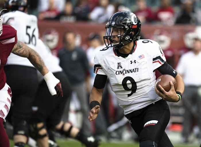 Cincinnati Bearcats quarterback Desmond Ridder (9) runs downfield during the NCAA football game between Cincinnati Bearcats and Temple Owls on Saturday, Oct. 20, 2018, at Lincoln Financial Field in Philadelphia, Penn. Cincinnati Bearcats Temple Owls